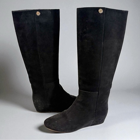 Jimmy Choo Black Suede Knee High Boots Size 36 Hidden Wedge Classic Riding City - Picture 1 of 14
